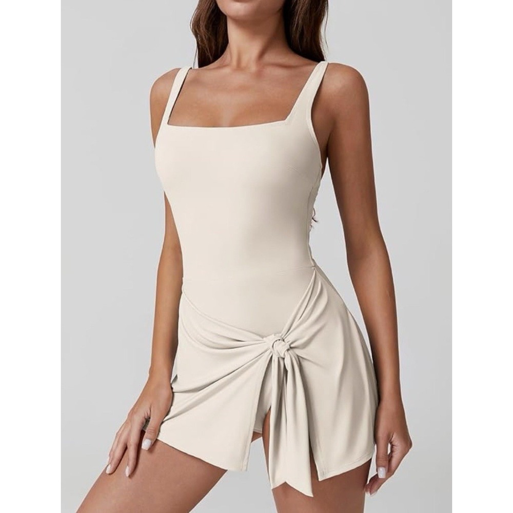 Sleeveless Square-Neck One-Piece Swimsuit with Side Tie in Cream